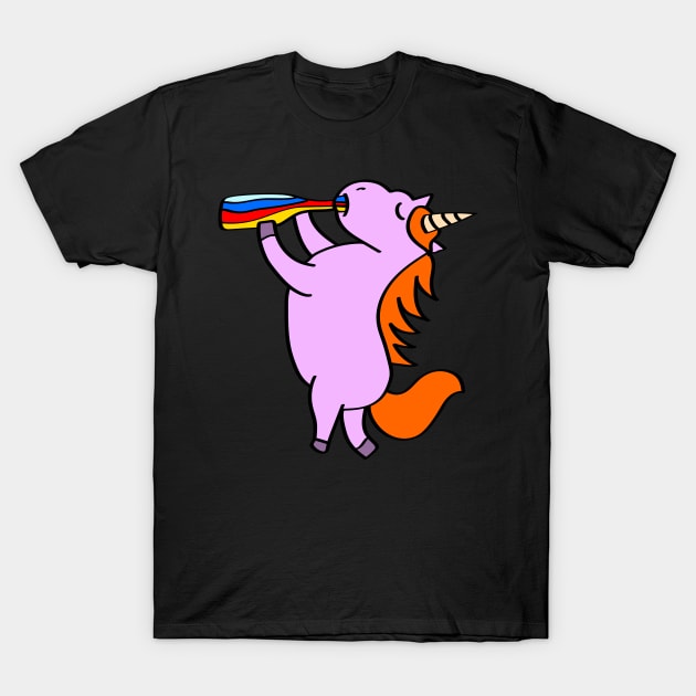 Pink unicorn drinking from the bottle T-Shirt by Dominic Becker